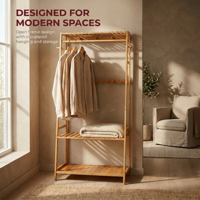 Wooden Clothes Rack Open Wardrobe With Shoe Storage Shelves