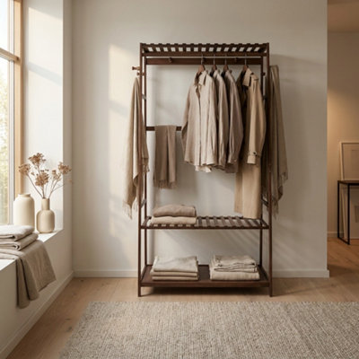 Wooden Clothes Rack Open Wardrobe With Shoe Storage Shelves