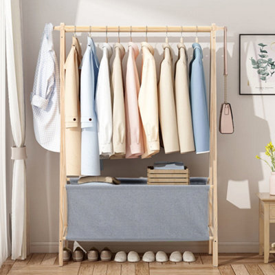 Wooden Clothes Rail Clothing Hanging Stand Garment Rack with Laundry Storage Bag - 3
