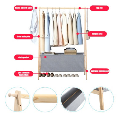 Wooden Clothes Rail Clothing Hanging Stand Garment Rack with Laundry Storage Bag - 5