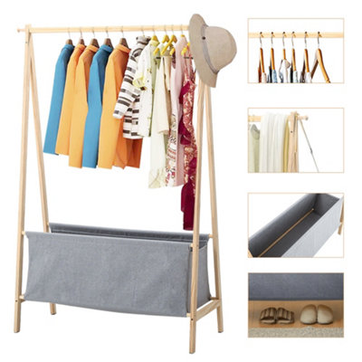 Wooden Clothes Rail Clothing Hanging Stand with Laundry Storage Ba