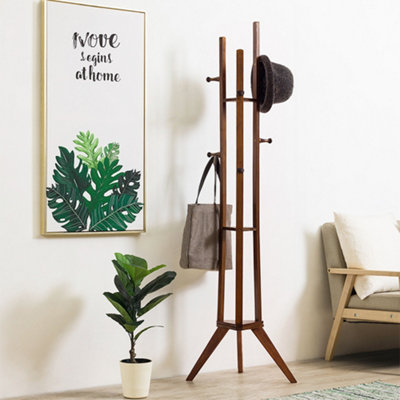 Wooden Coat Hat Rack with 6 Hooks and 3 Shelves Brown