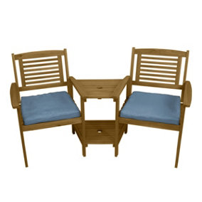 Wooden Companion Love Seat Garden Chairs with 2 Tier Table and Parasol Hole