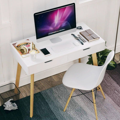 Homfa Writing Computer Desk, Laptop Notebook PC Workstation with 2 Drawers, White 