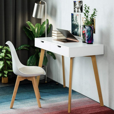 White desk with discount drawers and chair