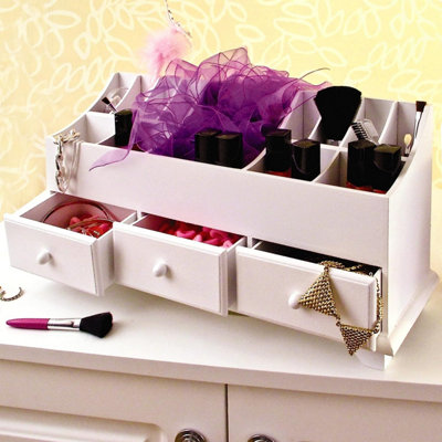 Wooden Cosmetic Cabinet - Versatile White Desktop or Dressing Table Organiser with Divided Sections & 3 Drawers