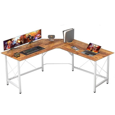 Wooden Dark Teak White L Shape Computer Desk Home Office PC Workstation ...
