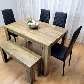 Wooden Dining Table Set for 6 Rustic Effect Table With 4 Black Leather Chairs and 1 Bench