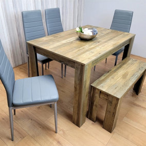 Wooden Dining Table Set for 6 Rustic Effect Table With 4 Grey Leather Chairs and 1 Bench