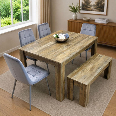 Wooden Dining Table Set Of 6 Rustic Effect Table With 4 Grey Velvet ...