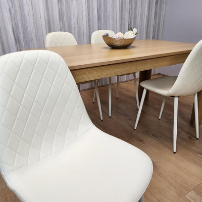 Wooden Dining Table with 4 Cream Gem Patterned Chairs Rusteic Effect Table with Cream Chairs