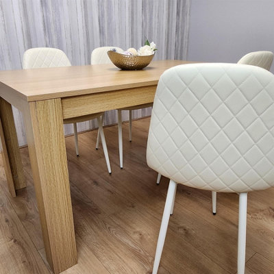 Wooden Dining Table with 4 Cream Gem Patterned Chairs Rusteic Effect Table with Cream Chairs