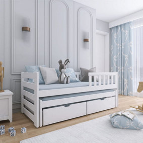 Wooden Double Bed Bolko With Trundle and Foam/Bonnell Mattresses  in White W1980mm x H780mm x D970mm
