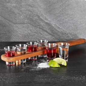 Wooden Drinks Paddle with 6 Shot Glasses M&W