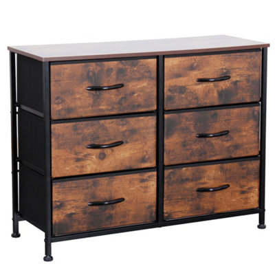 Wooden Effect Chest Of Drawers With Metal Frame, 6 Large Deep Fabric Drawers Organiser Storage