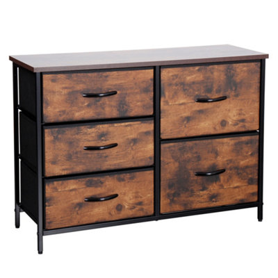 WOODEN Effects Chest Of Drawers With Metal Frame, 5 Large Deep Fabric Drawers Organiser Storage