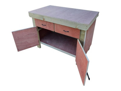 Wooden Eucalyptus hardwood top storage workbench with lockable cupboard and drawers (V.4) (H-90cm, D-70cm, L-150cm)