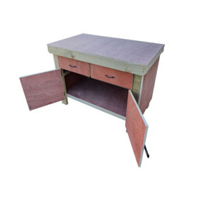 Wooden Eucalyptus hardwood top storage workbench with lockable cupboard and drawers (V.4) (H-90cm, D-70cm, L-150cm)