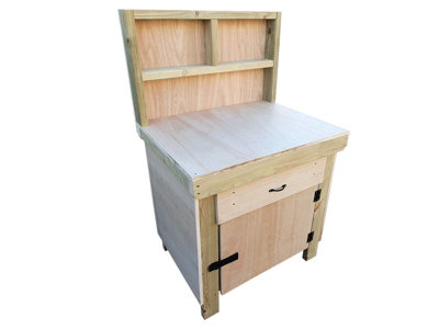 Wooden Eucalyptus hardwood top storage workbench with lockable cupboard and drawers (V.4) (H-90cm, D-70cm, L-90cm) with back