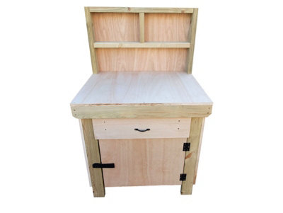 Wooden Eucalyptus hardwood top storage workbench with lockable cupboard and drawers (V.4) (H-90cm, D-70cm, L-90cm) with back