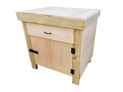 Wooden Eucalyptus hardwood top storage workbench with lockable cupboard and drawers (V.4) (H-90cm, D-70cm, L-90cm)