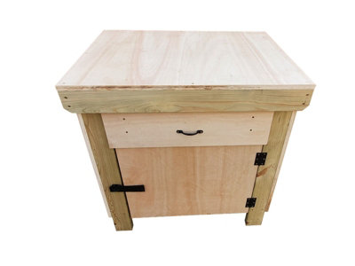 Wooden Eucalyptus hardwood top storage workbench with lockable cupboard and drawers (V.4) (H-90cm, D-70cm, L-90cm)