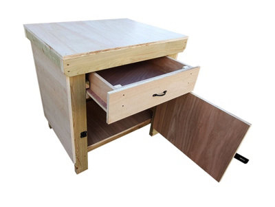Wooden Eucalyptus hardwood top storage workbench with lockable cupboard and drawers (V.4) (H-90cm, D-70cm, L-90cm)