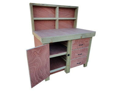 Wooden Eucalyptus hardwood top workbench, cabinet with lockable cupboard (V3) (H-90cm, D-70cm, L-120cm) with back and double shelf