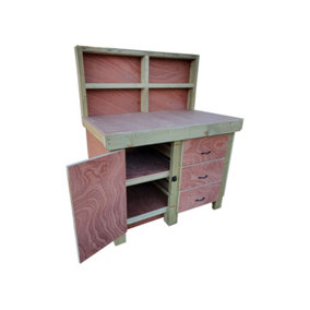Wooden Eucalyptus hardwood top workbench, cabinet with lockable cupboard (V3) (H-90cm, D-70cm, L-120cm) with back and double shelf