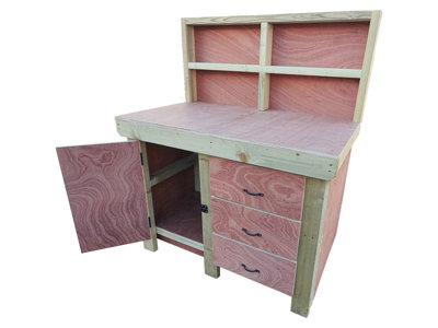 Wooden Eucalyptus hardwood top workbench, cabinet with lockable cupboard (V3) (H-90cm, D-70cm, L-120cm) with back