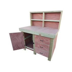 Wooden Eucalyptus hardwood top workbench, cabinet with lockable cupboard (V3) (H-90cm, D-70cm, L-120cm) with back