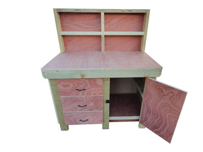 Wooden Eucalyptus hardwood top workbench, cabinet with lockable cupboard (V3) (H-90cm, D-70cm, L-150cm) with back