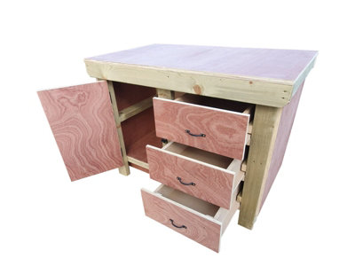 Wooden Eucalyptus hardwood top workbench, cabinet with lockable cupboard (V3) (H-90cm, D-70cm, L-150cm)
