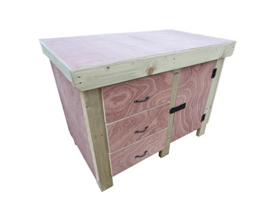 Wooden Eucalyptus hardwood top workbench, cabinet with lockable cupboard (V3) (H-90cm, D-70cm, L-180cm)