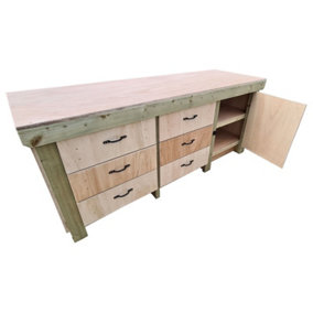 Wooden Eucalyptus hardwood top workbench, cabinet with lockable cupboard (V3) (H-90cm, D-70cm, L-210cm) double shelf