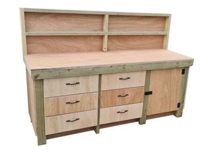Wooden Eucalyptus hardwood top workbench, cabinet with lockable cupboard (V3) (H-90cm, D-70cm, L-210cm) with back and double shelf