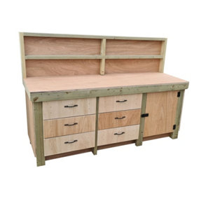 Wooden Eucalyptus hardwood top workbench, cabinet with lockable cupboard (V3) (H-90cm, D-70cm, L-210cm) with back and double shelf