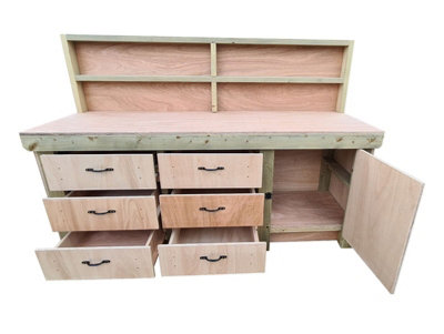 Wooden Eucalyptus hardwood top workbench, cabinet with lockable cupboard (V3) (H-90cm, D-70cm, L-210cm) with back