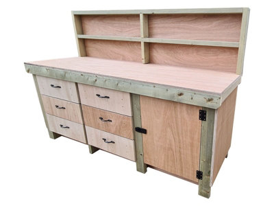 Wooden Eucalyptus hardwood top workbench, cabinet with lockable cupboard (V3) (H-90cm, D-70cm, L-210cm) with back
