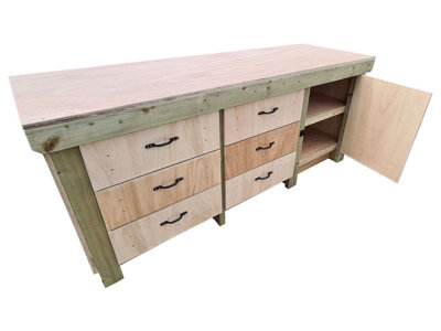 Wooden Eucalyptus hardwood top workbench, cabinet with lockable cupboard (V3) (H-90cm, D-70cm, L-240cm) double shelf