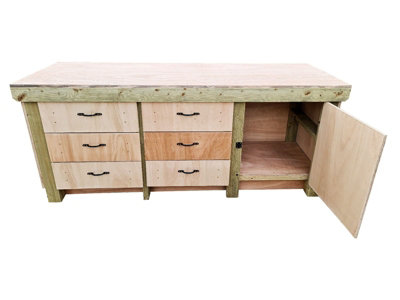 Wooden Eucalyptus hardwood top workbench, cabinet with lockable cupboard (V3) (H-90cm, D-70cm, L-240cm)