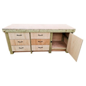 Wooden Eucalyptus hardwood top workbench, cabinet with lockable cupboard (V3) (H-90cm, D-70cm, L-240cm)