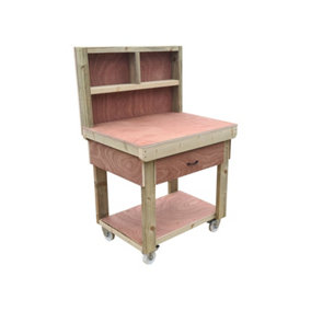 Wooden Eucalyptus hardwood top workbench, tool cabinet with drawer (V.1) (H-90cm, D-70cm, L-90cm) with back and wheels