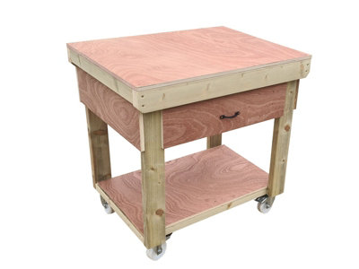 Wooden Eucalyptus hardwood top workbench, tool cabinet with drawer (V.1) (H-90cm, D-70cm, L-90cm) with wheels