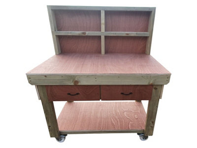 Wooden Eucalyptus hardwood top workbench, tool cabinet with drawers (V.1) (H-90cm, D-70cm, L-120cm) with back and wheels