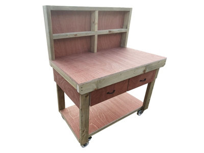Wooden Eucalyptus hardwood top workbench, tool cabinet with drawers (V.1) (H-90cm, D-70cm, L-150cm) with back and wheels