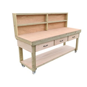 Wooden Eucalyptus hardwood top workbench, tool cabinet with drawers (V.1) (H-90cm, D-70cm, L-210cm) with back and wheels