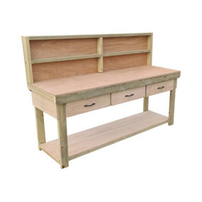 Wooden Eucalyptus hardwood top workbench, tool cabinet with drawers (V.1) (H-90cm, D-70cm, L-210cm) with back