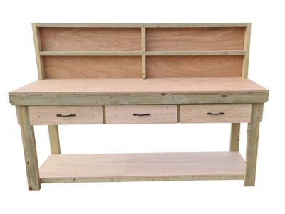 Wooden Eucalyptus hardwood top workbench, tool cabinet with drawers (V.1) (H-90cm, D-70cm, L-210cm) with back