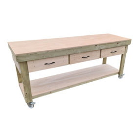 Wooden Eucalyptus hardwood top workbench, tool cabinet with drawers (V.1) (H-90cm, D-70cm, L-210cm) with wheels